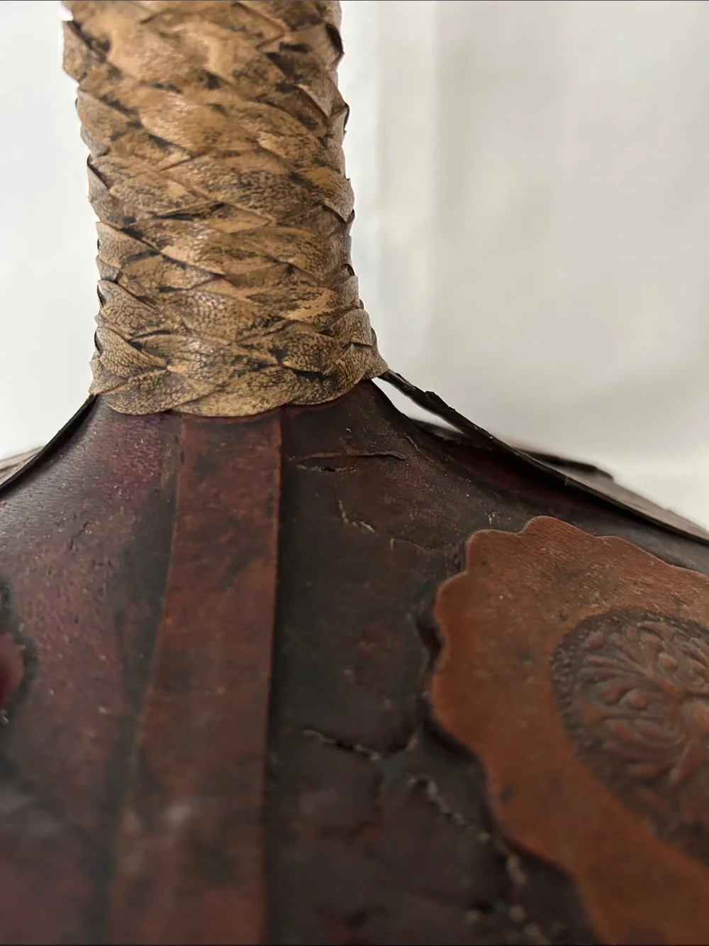 vintage Italian wine decanter covered in hand-tooled brown leather - no stopper